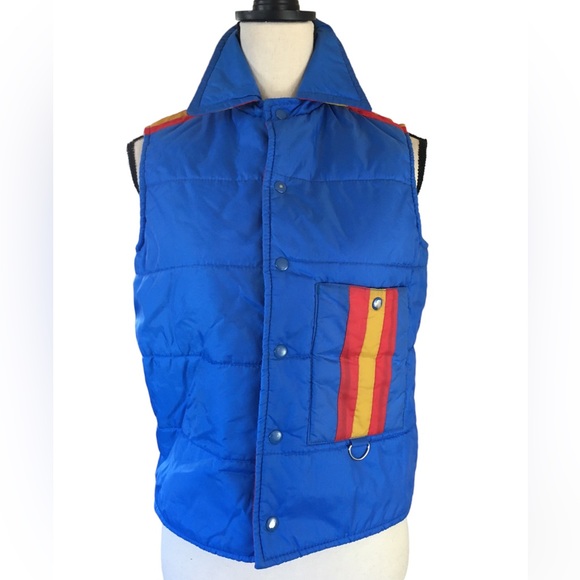 Vintage 70s 80s Just Boys Blue Yellow Red Winter Puffer Vest Stripes 16 - Picture 8 of 9
